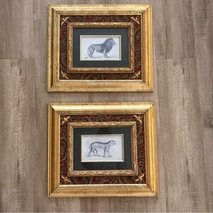 Beautiful Vintage Bee Fabric Framed Tiger‎ & Lion Prints Set Of 2 - 20” X 16.75”